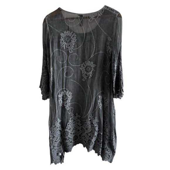 Gretty Zueger Silk Top Tunic Small Embroidered Boho Fairy Sheer Gray Artsy - Picture 2 of 9